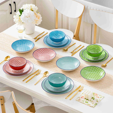 vancasso Macaron 16-Piece Dinnerware Set With Soup Bowls, Featuring Turquoise Geometric Patterns And A Glossy Porcelain Finish, Perfect For Adding Elegance And Style To Any Dining Table.