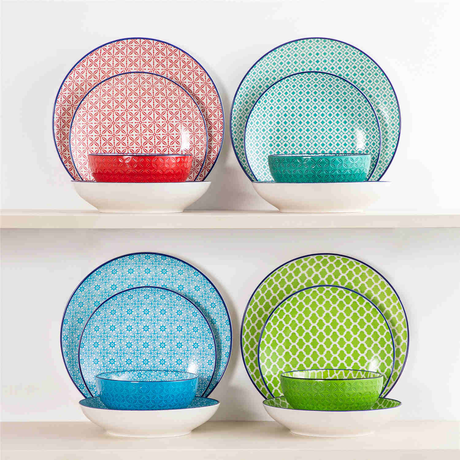 vancasso Macaron 16-Piece Dinnerware Set With Soup Bowls, Featuring Turquoise Geometric Patterns And A Glossy Porcelain Finish, Perfect For Adding Elegance And Style To Any Dining Table.