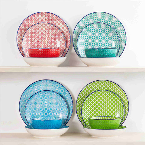 vancasso Macaron 16-Piece Dinnerware Set With Soup Bowls, Featuring Turquoise Geometric Patterns And A Glossy Porcelain Finish, Perfect For Adding Elegance And Style To Any Dining Table.