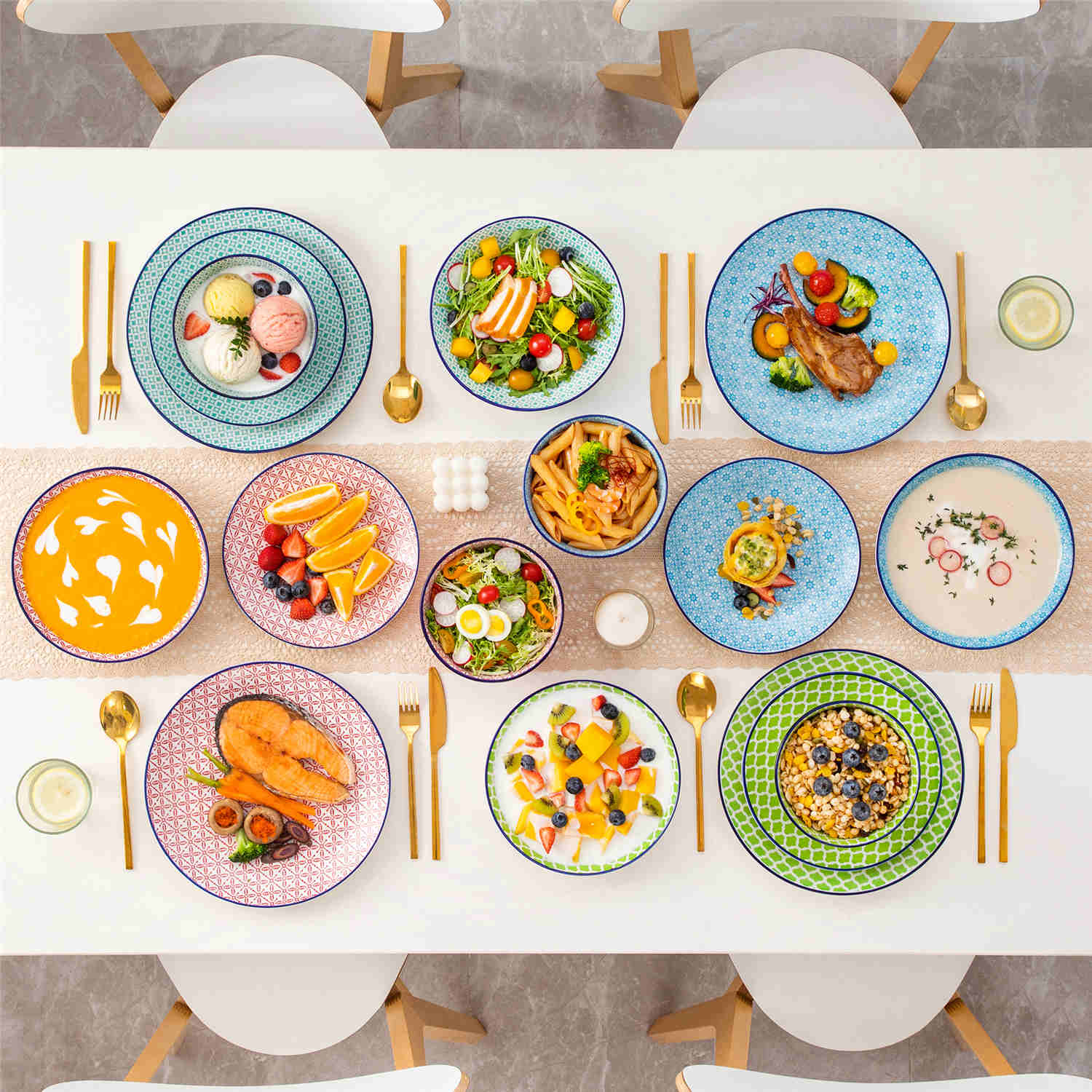 vancasso Macaron 16-Piece Dinnerware Set With Soup Bowls, Featuring Turquoise Geometric Patterns And A Glossy Porcelain Finish, Perfect For Adding Elegance And Style To Any Dining Table.