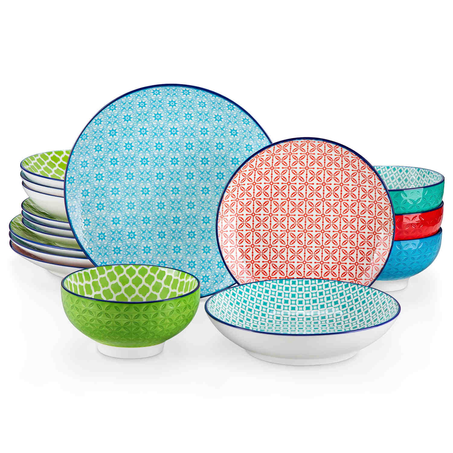 vancasso Macaron 16-Piece Dinnerware Set With Soup Bowls, Featuring Turquoise Geometric Patterns And A Glossy Porcelain Finish, Perfect For Adding Elegance And Style To Any Dining Table.