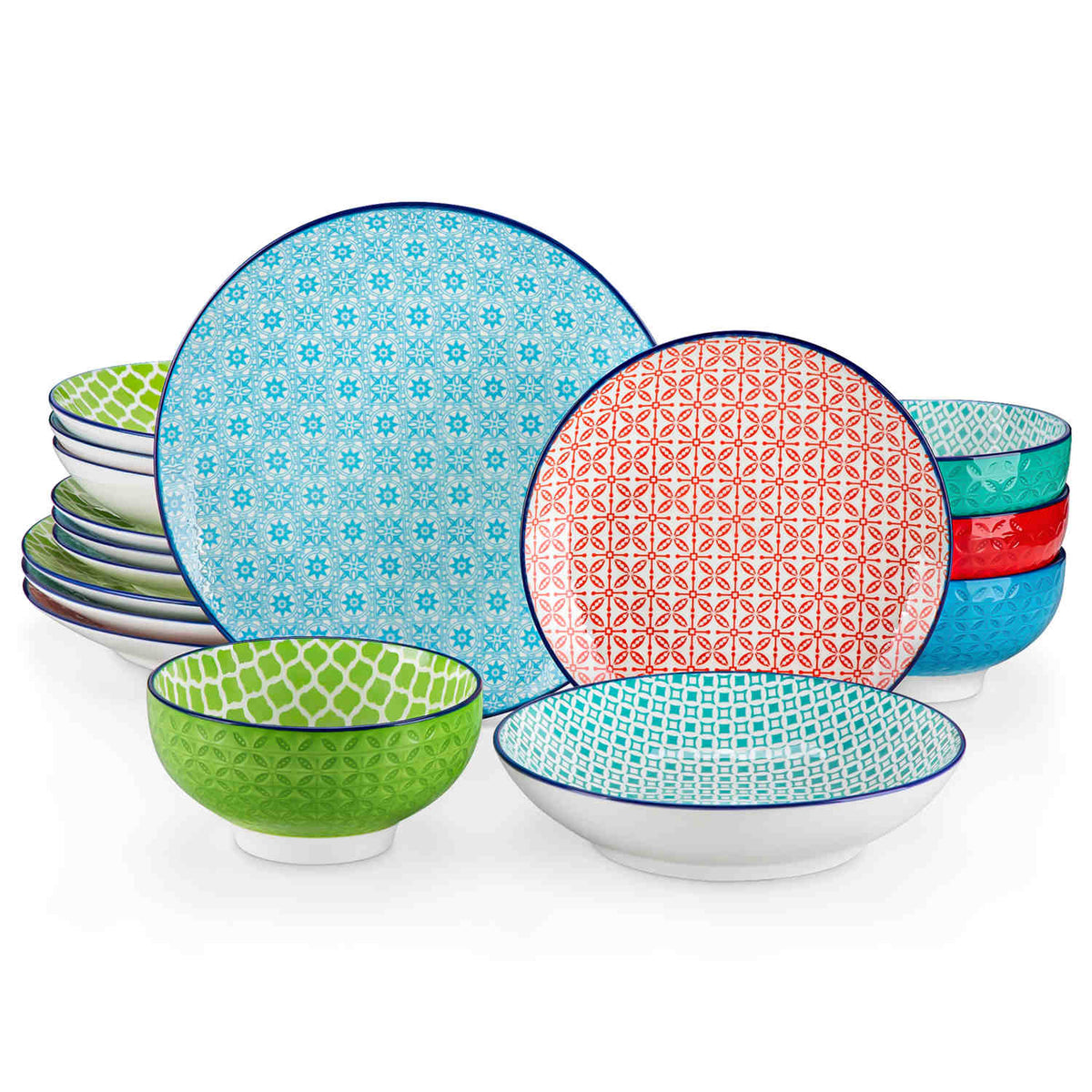 vancasso Macaron 16-Piece Dinnerware Set With Soup Bowls, Featuring Turquoise Geometric Patterns And A Glossy Porcelain Finish, Perfect For Adding Elegance And Style To Any Dining Table.