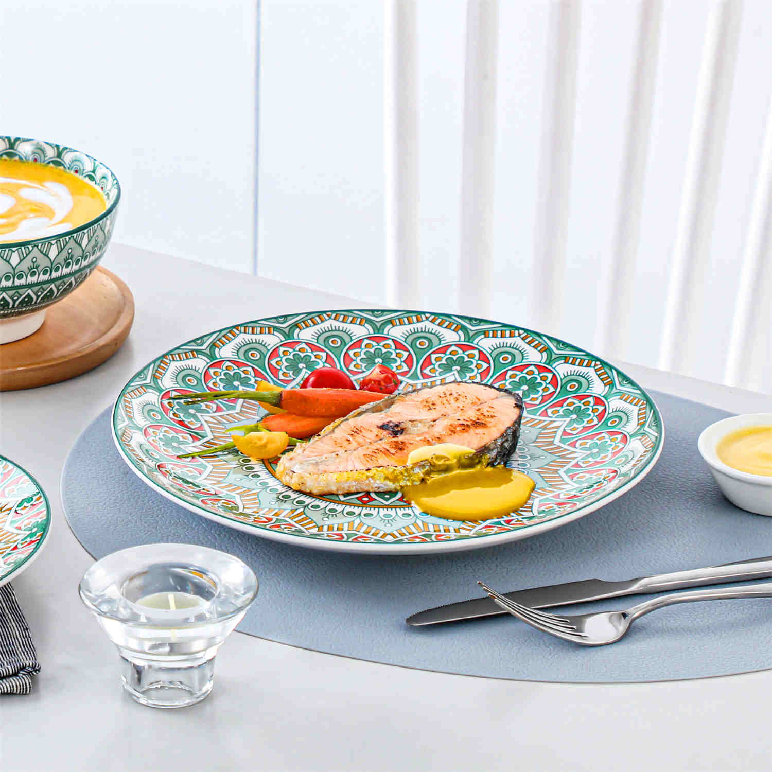 Boho Chic Multicolor Mandala 12 Piece Porcelain Dinnerware Set with Bowls and Plates-vancasso