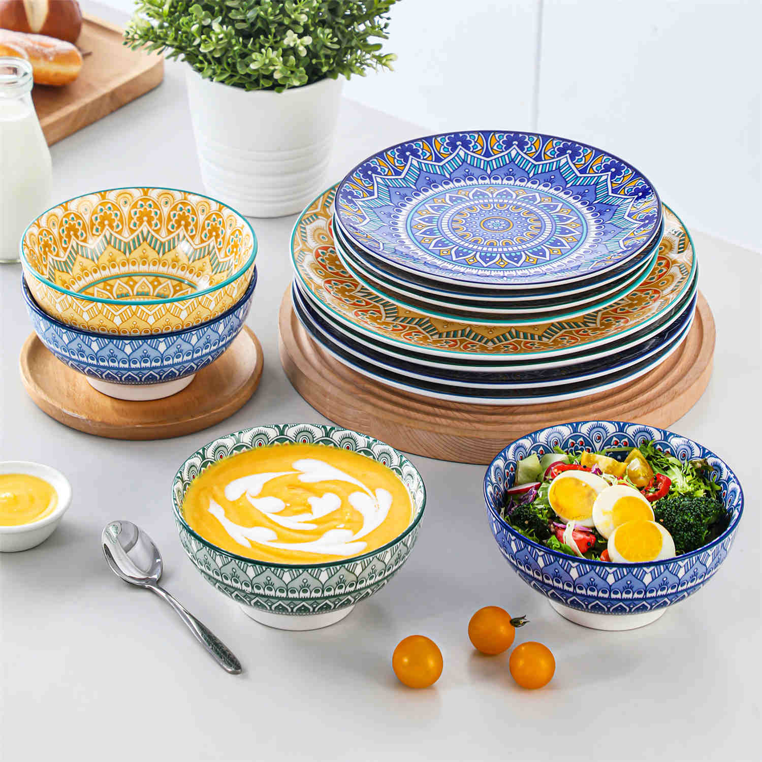 Boho Chic Multicolor Mandala 12 Piece Porcelain Dinnerware Set with Bowls and Plates-vancasso