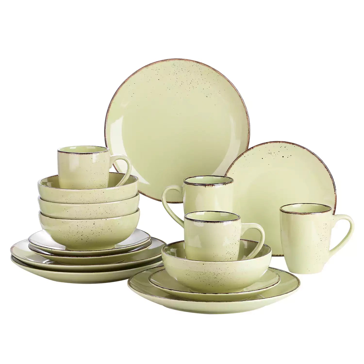 Navia 16 Piece Dinnerware Set in Olive Green with fresh salad and floral tea-vancasso