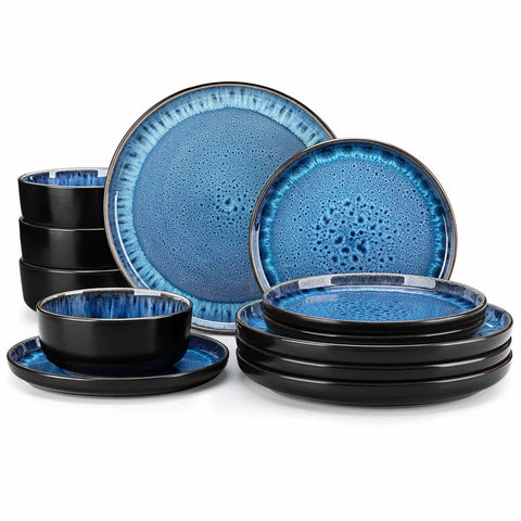 Playa 12-Piece Stoneware Dinnerware Set with plates and bowls for 4 - featuring a unique blue reactive glaze and a farmhouse-inspired style-vancasso