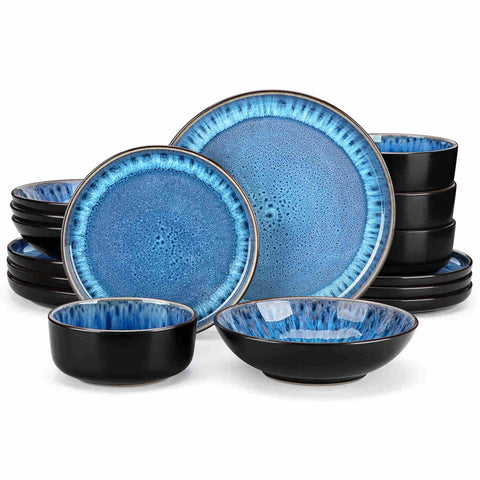 A glossy blue 16-piece stoneware dinnerware set from the Playa collection - featuring farmhouse charm with plates and bowls for 4 people-vancasso