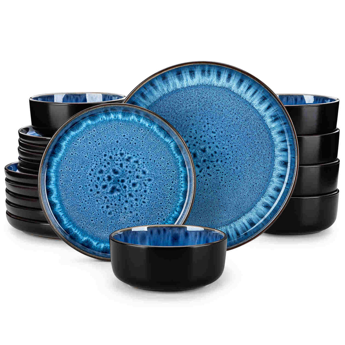 Playa 18-Piece Stoneware Dinnerware Set with plates and bowls for 6 - featuring a unique blue reactive glaze and a farmhouse-inspired style-vancasso