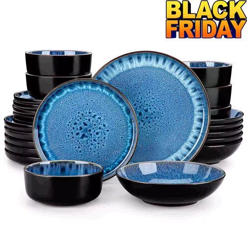 A glossy blue 24-piece stoneware dinnerware set from the Playa collection - featuring farmhouse charm with plates and bowls for 6 people-vancasso