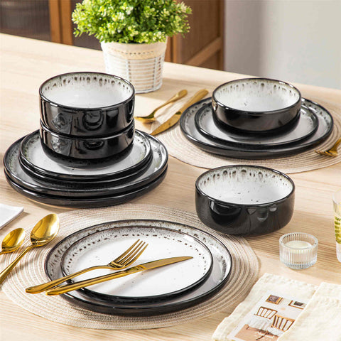 Playa 12-Piece Stoneware Dinnerware Set with plates and bowls for 4 - featuring a unique beige reactive glaze and a farmhouse-inspired style-vancasso