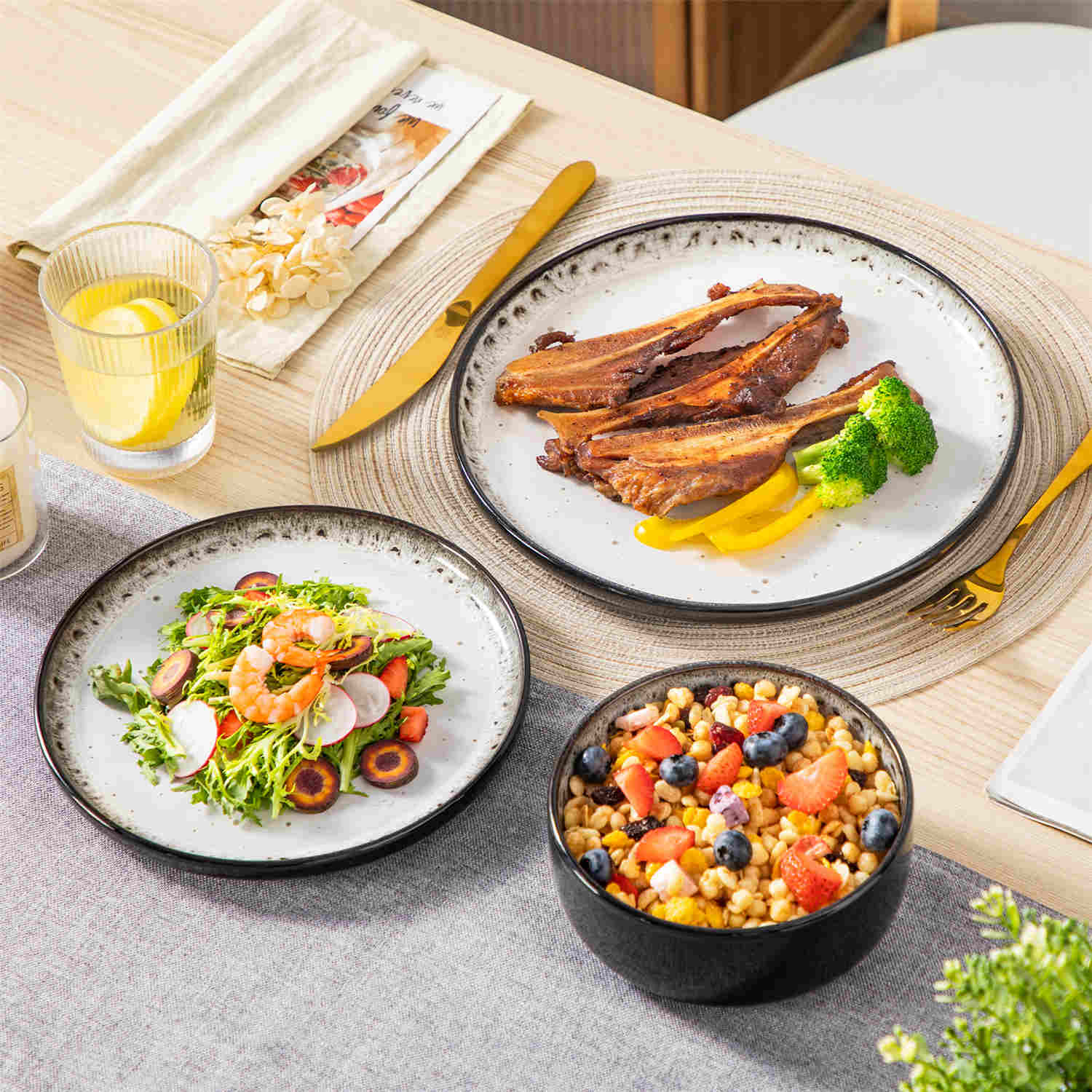 Playa 12-Piece Stoneware Dinnerware Set with plates and bowls for 4 - featuring a unique beige reactive glaze and a farmhouse-inspired style-vancasso