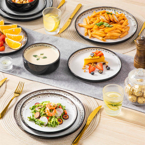 Playa 12-Piece Stoneware Dinnerware Set with plates and bowls for 4 - featuring a unique beige reactive glaze and a farmhouse-inspired style-vancasso