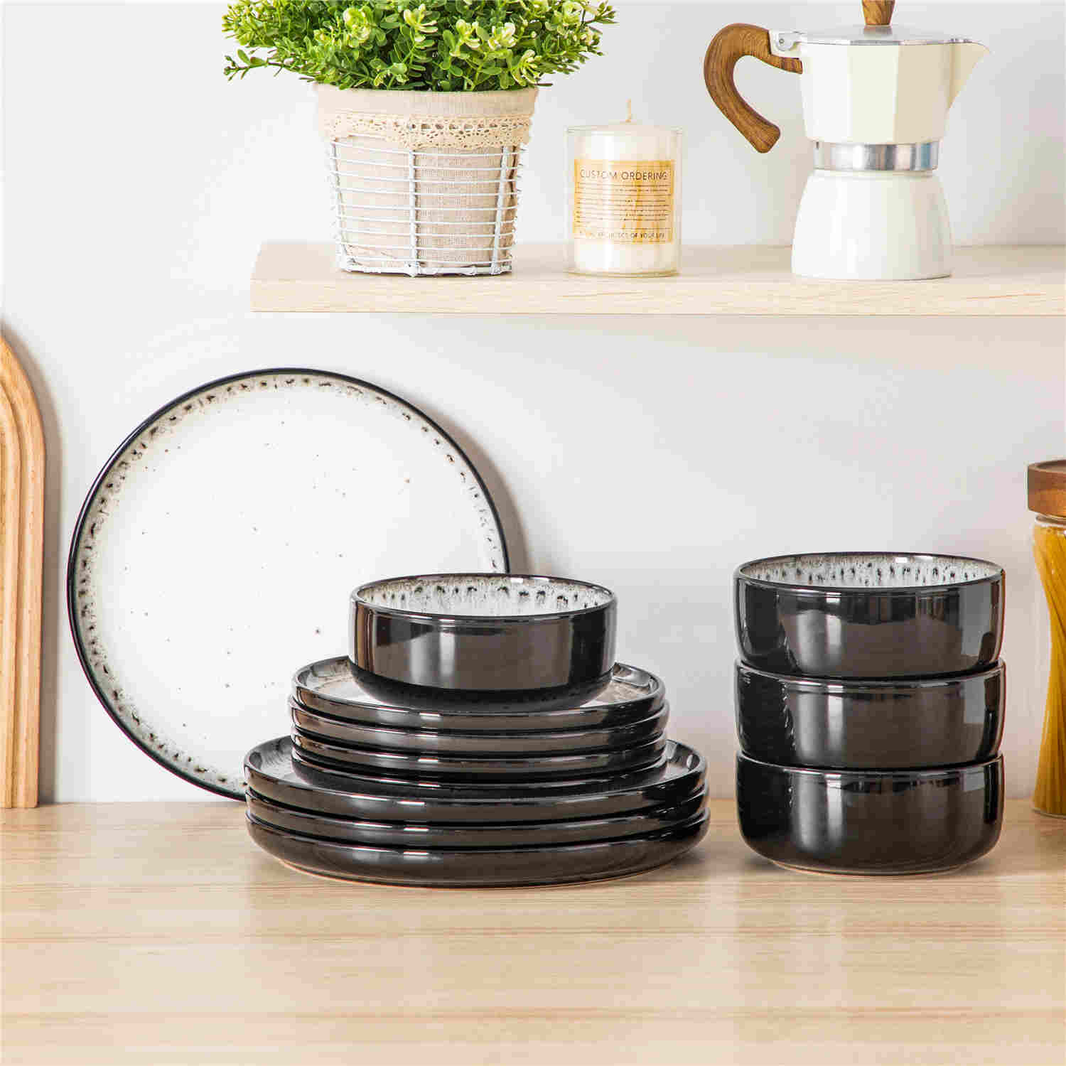 Playa 12-Piece Stoneware Dinnerware Set with plates and bowls for 4 - featuring a unique beige reactive glaze and a farmhouse-inspired style-vancasso