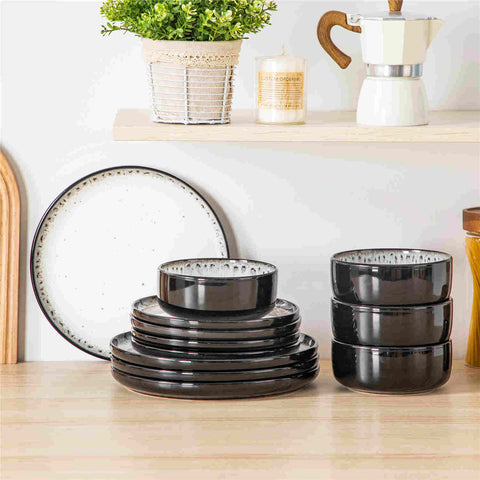 Playa 12-Piece Stoneware Dinnerware Set with plates and bowls for 4 - featuring a unique beige reactive glaze and a farmhouse-inspired style-vancasso