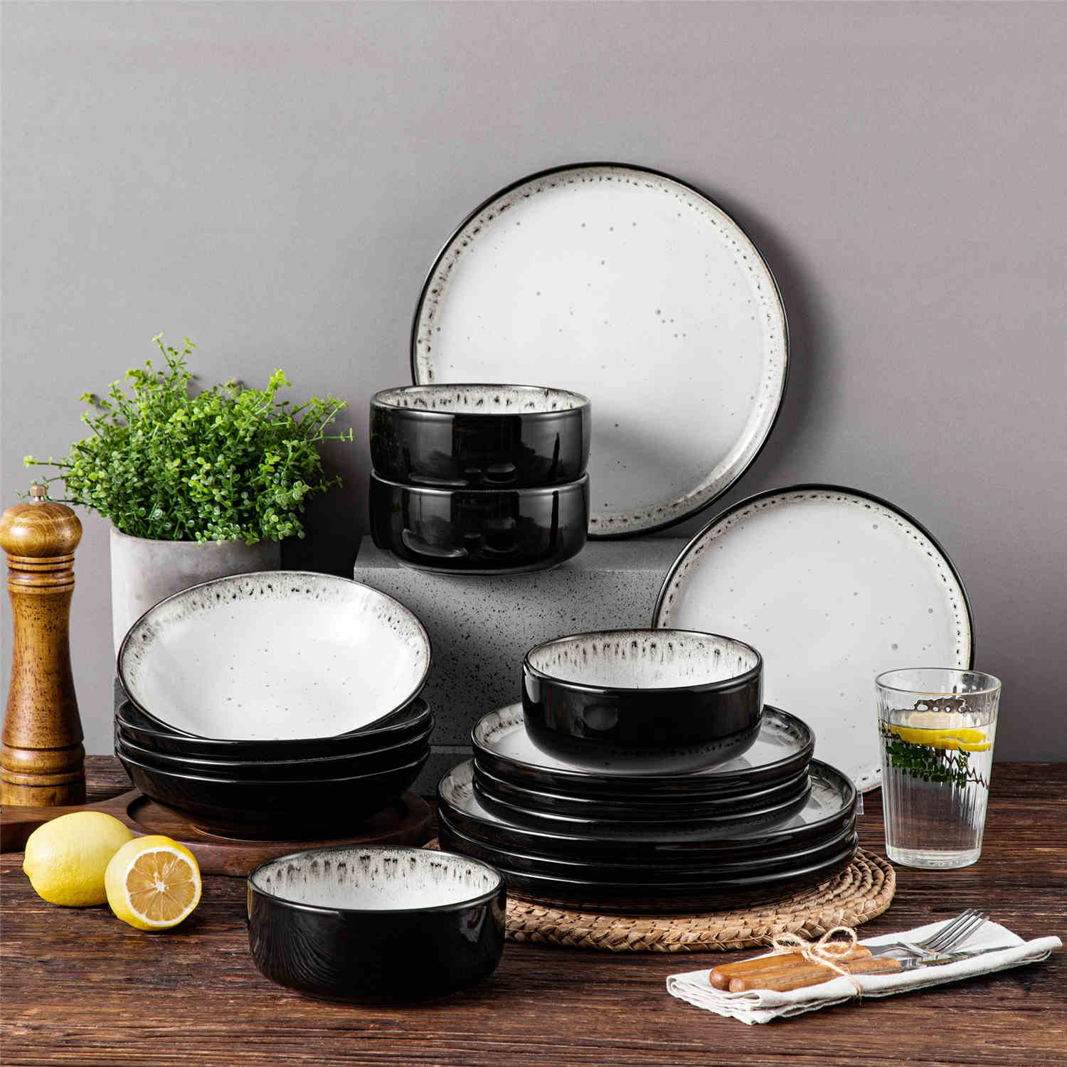 A glossy beige 16-piece stoneware dinnerware set from the Playa collection - featuring farmhouse charm with plates and bowls for 4 people-vancasso