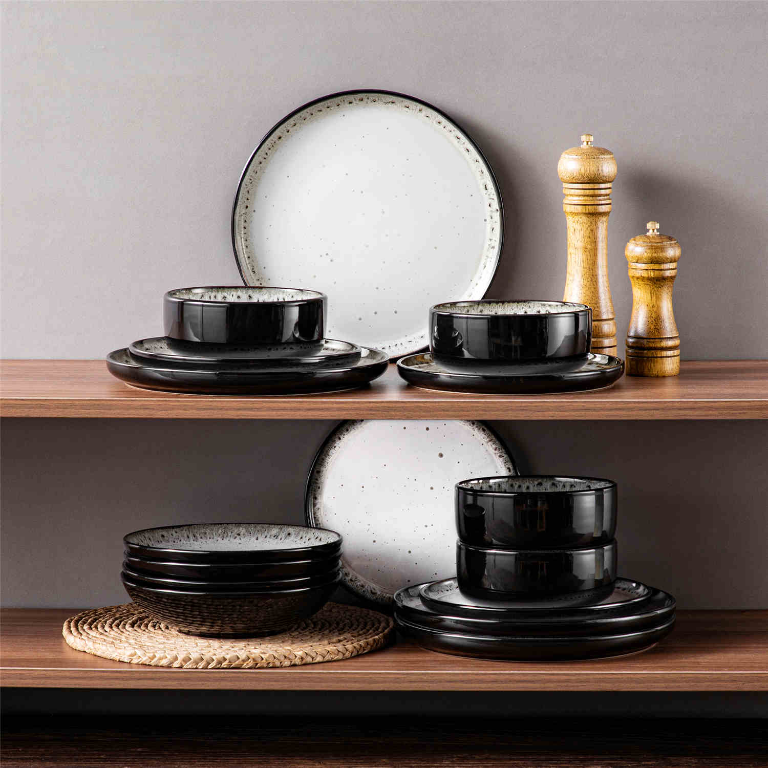 A glossy beige 16-piece stoneware dinnerware set from the Playa collection - featuring farmhouse charm with plates and bowls for 4 people-vancasso