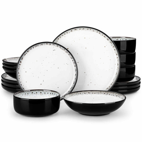 A glossy beige 16-piece stoneware dinnerware set from the Playa collection - featuring farmhouse charm with plates and bowls for 4 people-vancasso