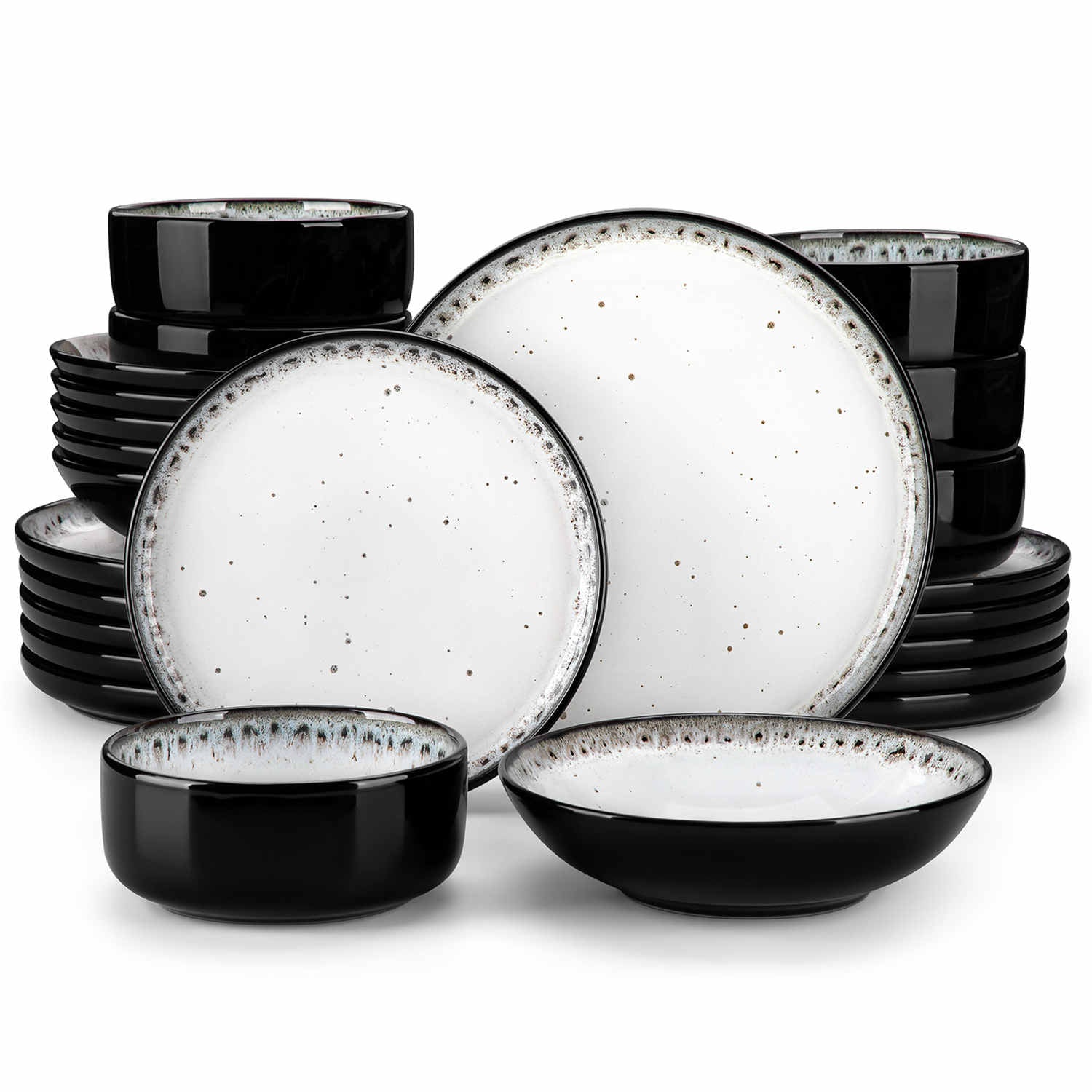 A glossy beige 24-piece stoneware dinnerware set from the Playa collection - featuring farmhouse charm with plates and bowls for 6 people-vancasso