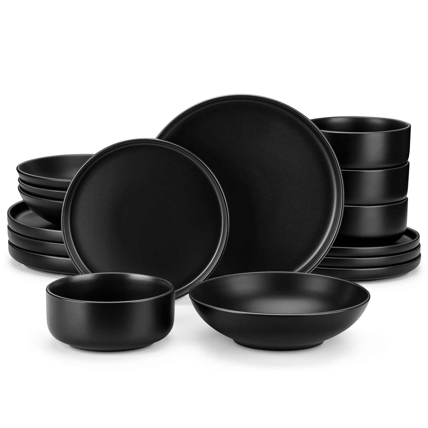 A matte black 16-piece stoneware dinnerware set from the Playa collection - offering a modern touch with plates and bowls for 4 people-vancasso.