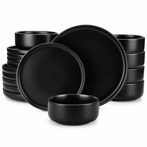 Playa 18-Piece Stoneware Dinnerware Set for 6, featuring plates and bowls in a modern Ibiza-inspired style with a matte black finish-vancasso