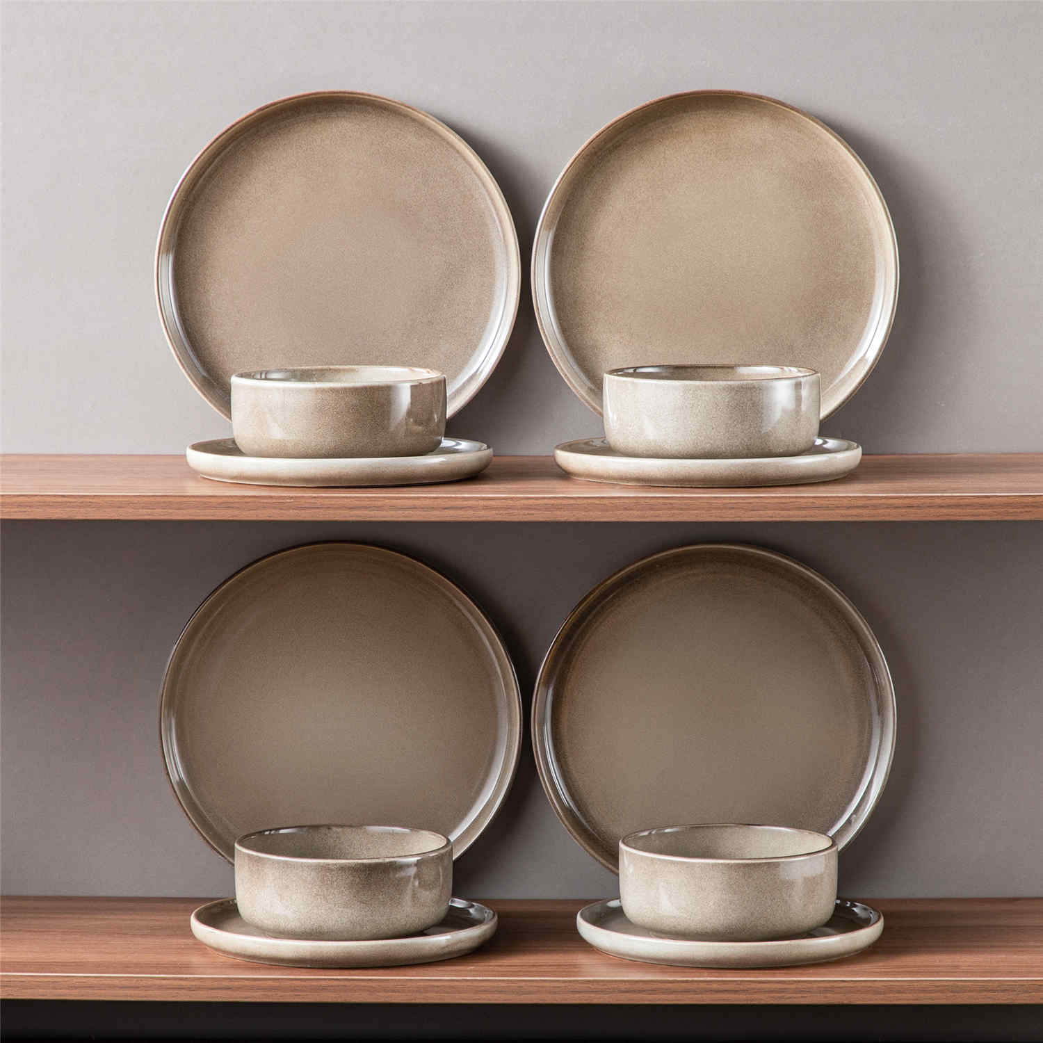 Playa 12-Piece Stoneware Dinnerware Set with plates and bowls for 4 - featuring a unique blue reactive brown and a farmhouse-inspired style-vancasso