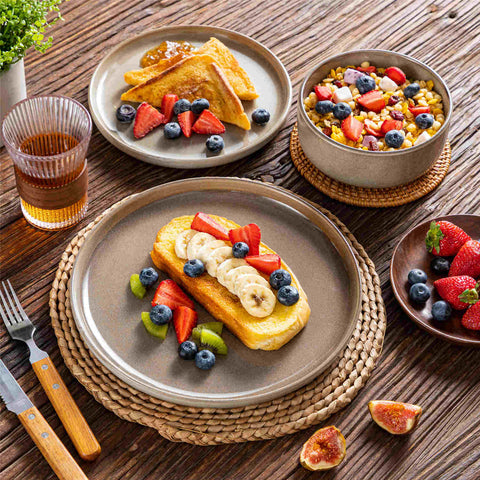 Playa 12-Piece Stoneware Dinnerware Set with plates and bowls for 4 - featuring a unique blue reactive brown and a farmhouse-inspired style-vancasso