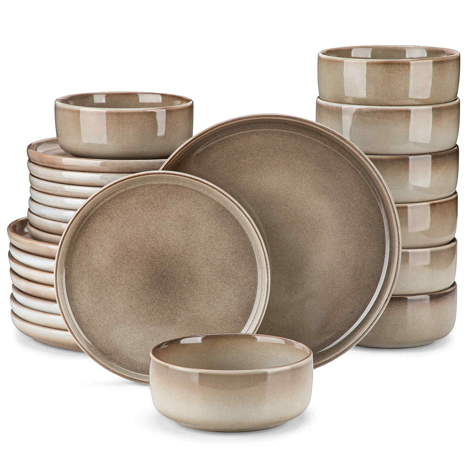 Playa 12-Piece Stoneware Dinnerware Set with plates and bowls for 4 - featuring a unique blue reactive brown and a farmhouse-inspired style-vancasso