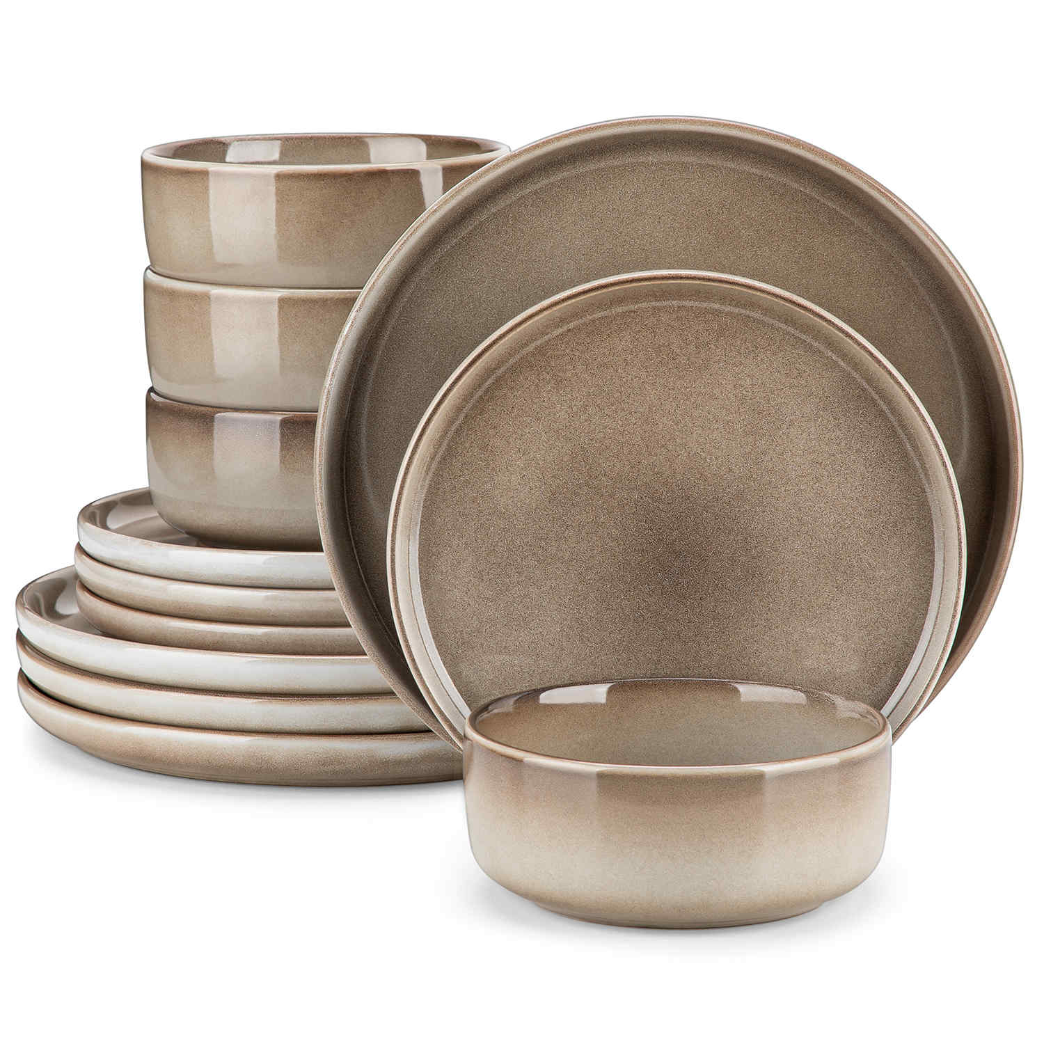 Playa 12-Piece Stoneware Dinnerware Set with plates and bowls for 4 - featuring a unique blue reactive brown and a farmhouse-inspired style-vancasso