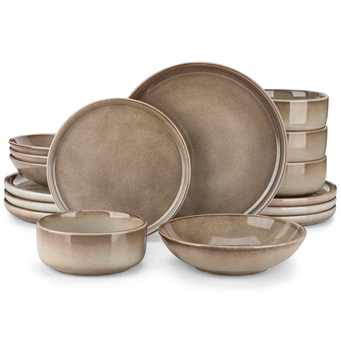 A glossy brown 16-piece stoneware dinnerware set from the Playa collection - featuring farmhouse charm with plates and bowls for 4 people-vancasso