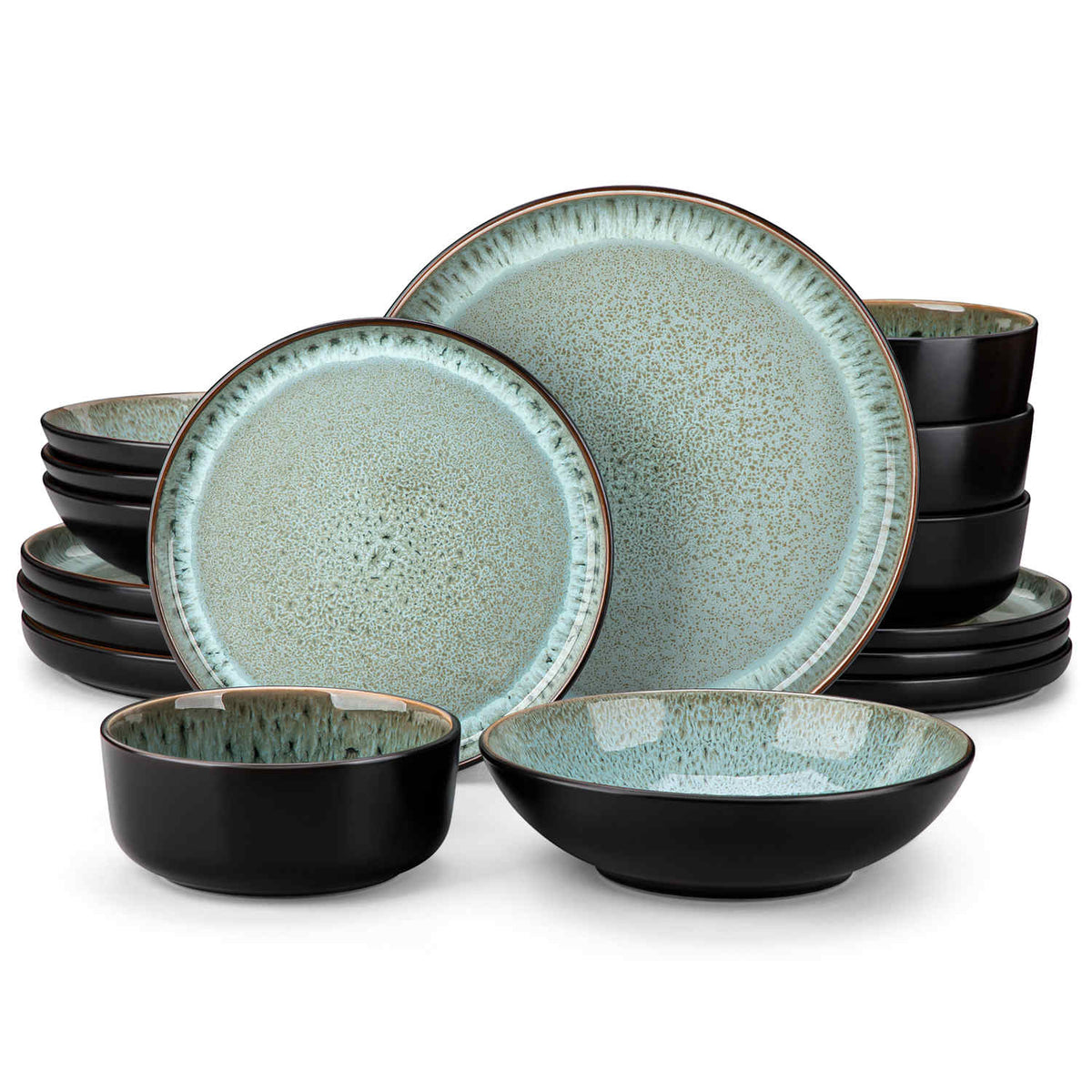 A glossy dark green 16-piece stoneware dinnerware set from the Playa collection - featuring farmhouse charm with plates and bowls for 4 people-vancasso