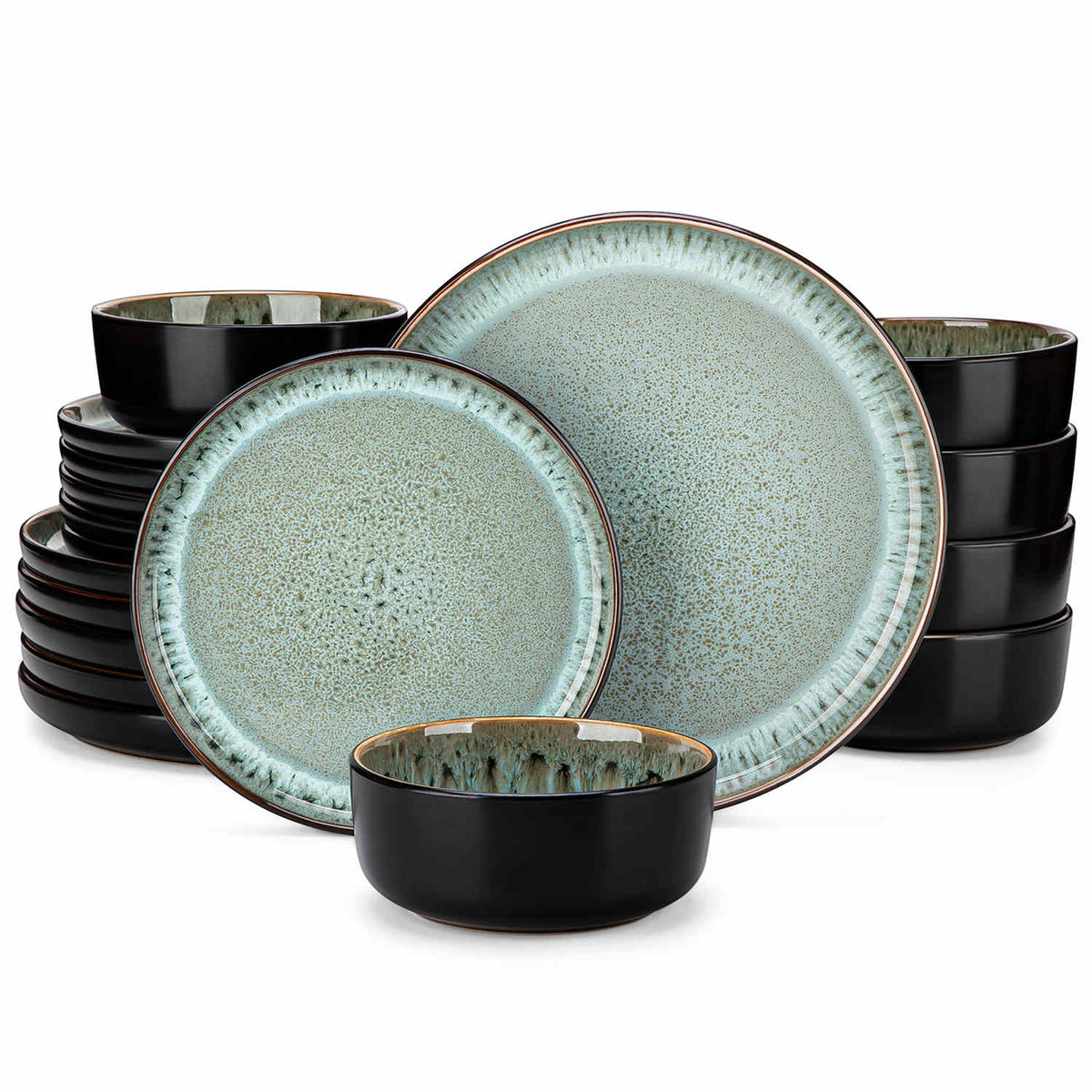 Playa 18-Piece Stoneware Dinnerware Set with plates and bowls for 6 - featuring a unique dark green reactive glaze and a farmhouse-inspired style-vancasso