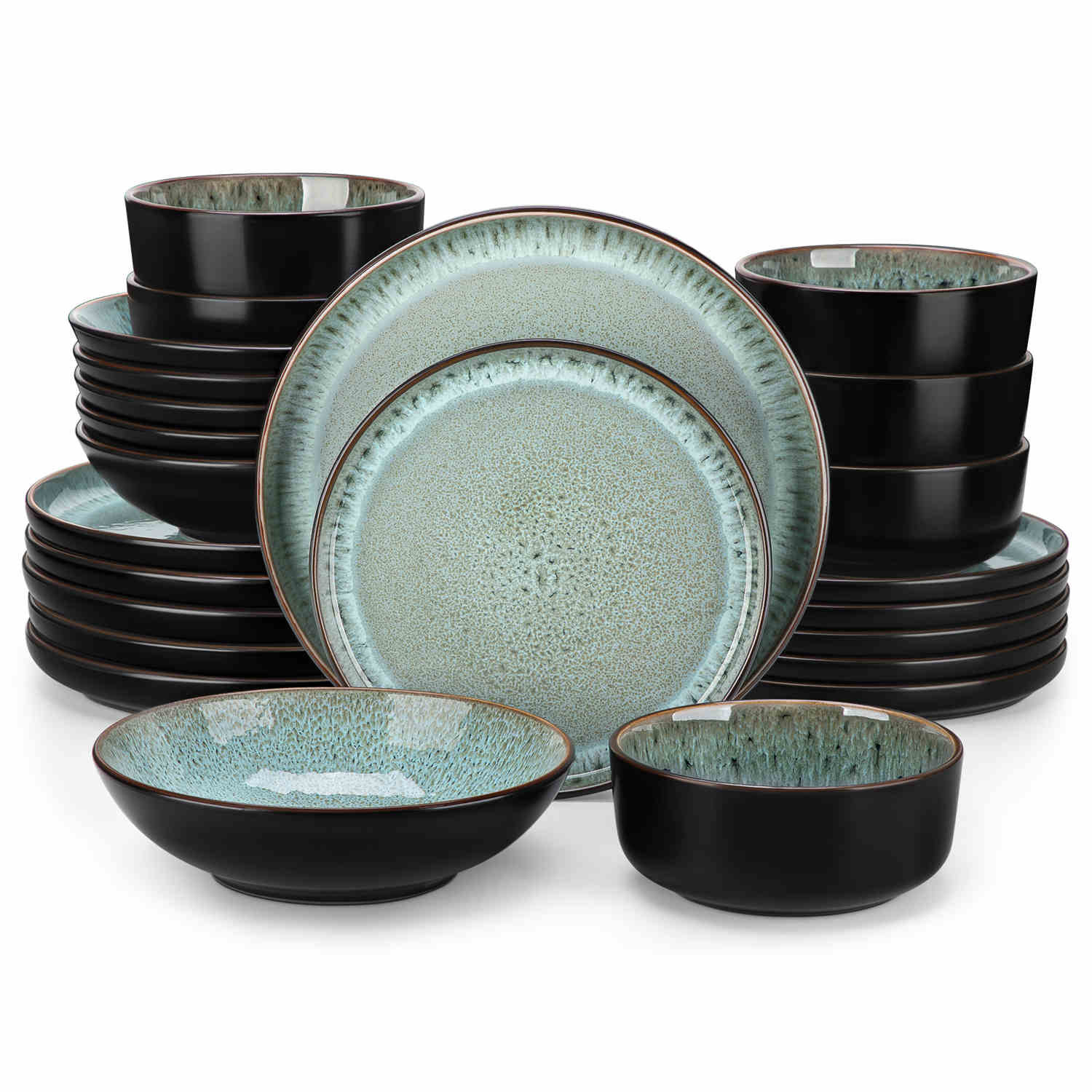 A glossy dark green 24-piece stoneware dinnerware set from the Playa collection - featuring farmhouse charm with plates and bowls for 6 people-vancasso