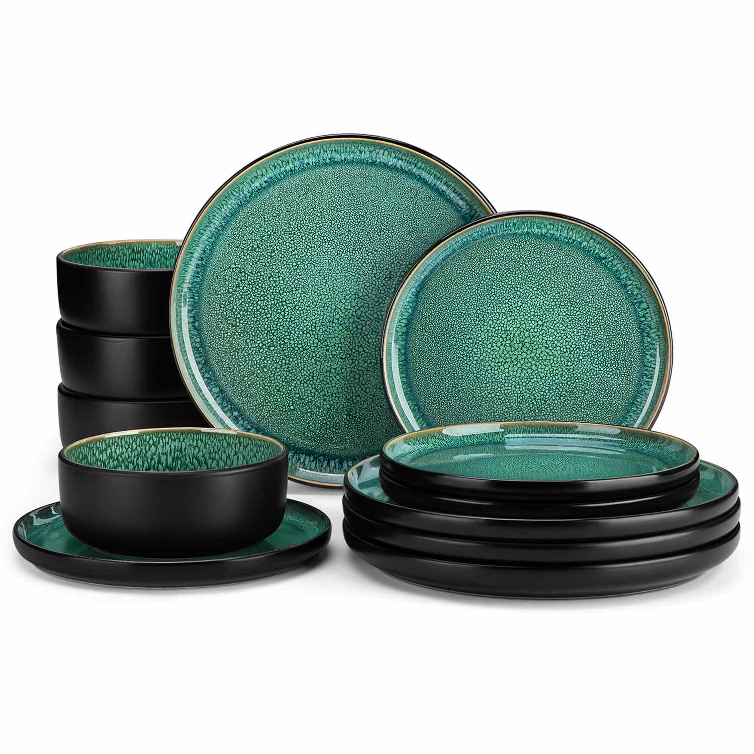 Playa 12-Piece Stoneware Dinnerware Set with plates and bowls for 4 - featuring a unique green reactive glaze and a farmhouse-inspired style-vancasso