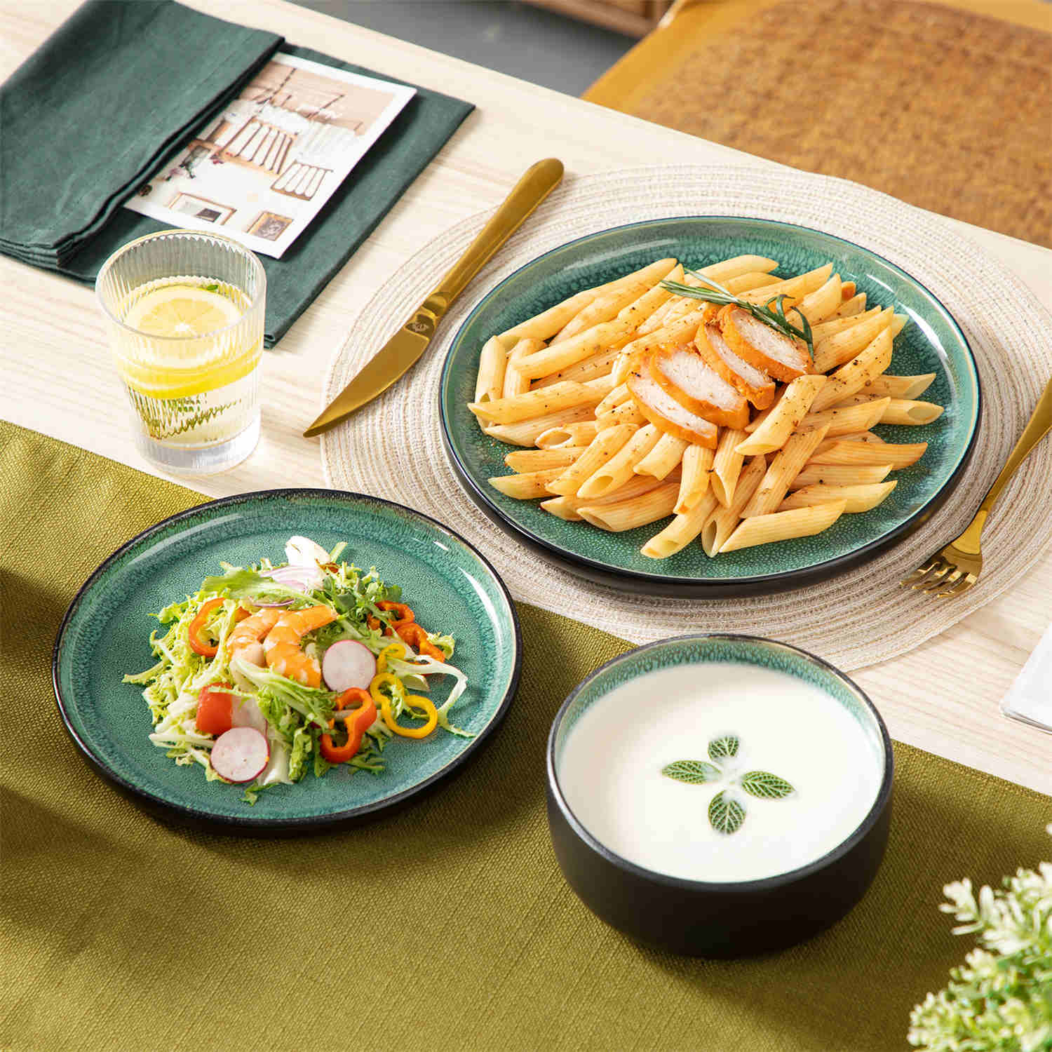 Playa 12-Piece Stoneware Dinnerware Set with plates and bowls for 4 - featuring a unique green reactive glaze and a farmhouse-inspired style-vancasso