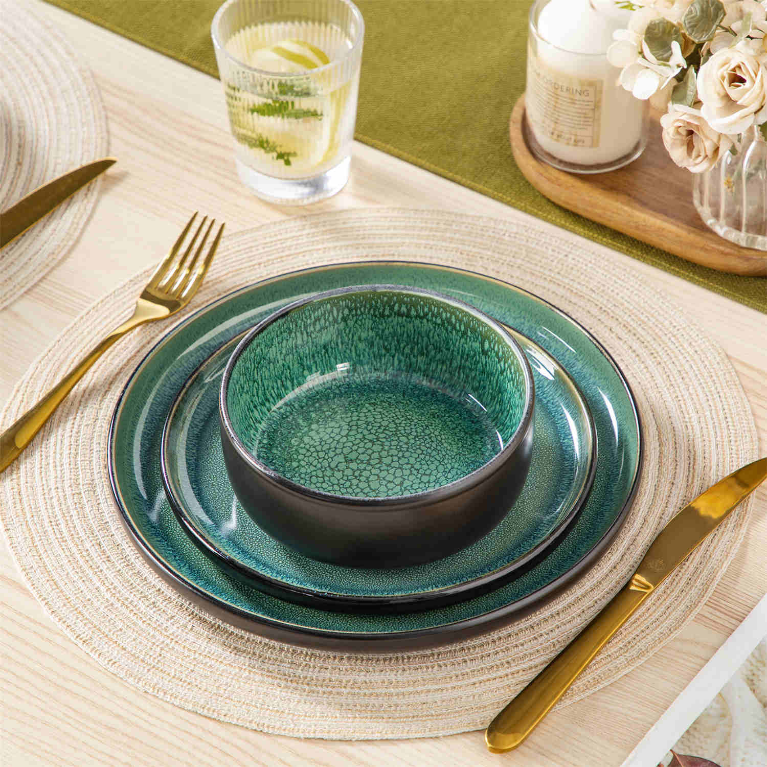 Playa 12-Piece Stoneware Dinnerware Set with plates and bowls for 4 - featuring a unique green reactive glaze and a farmhouse-inspired style-vancasso