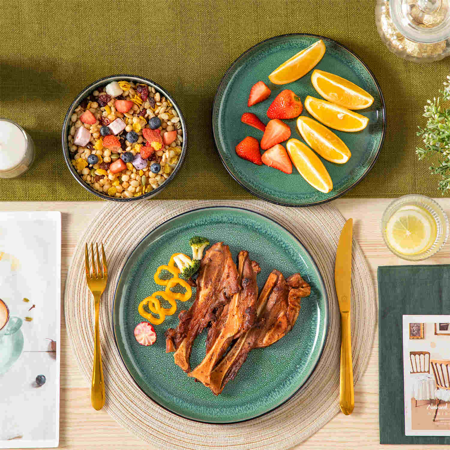 Playa 12-Piece Stoneware Dinnerware Set with plates and bowls for 4 - featuring a unique green reactive glaze and a farmhouse-inspired style-vancasso