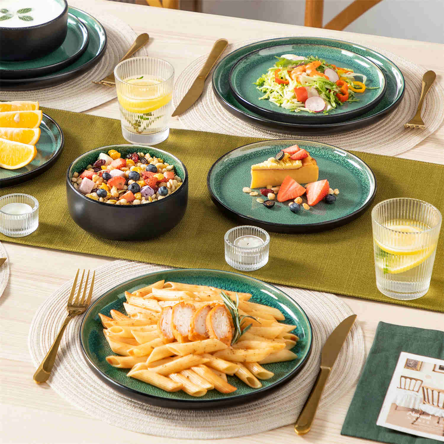 Playa 12-Piece Stoneware Dinnerware Set with plates and bowls for 4 - featuring a unique green reactive glaze and a farmhouse-inspired style-vancasso