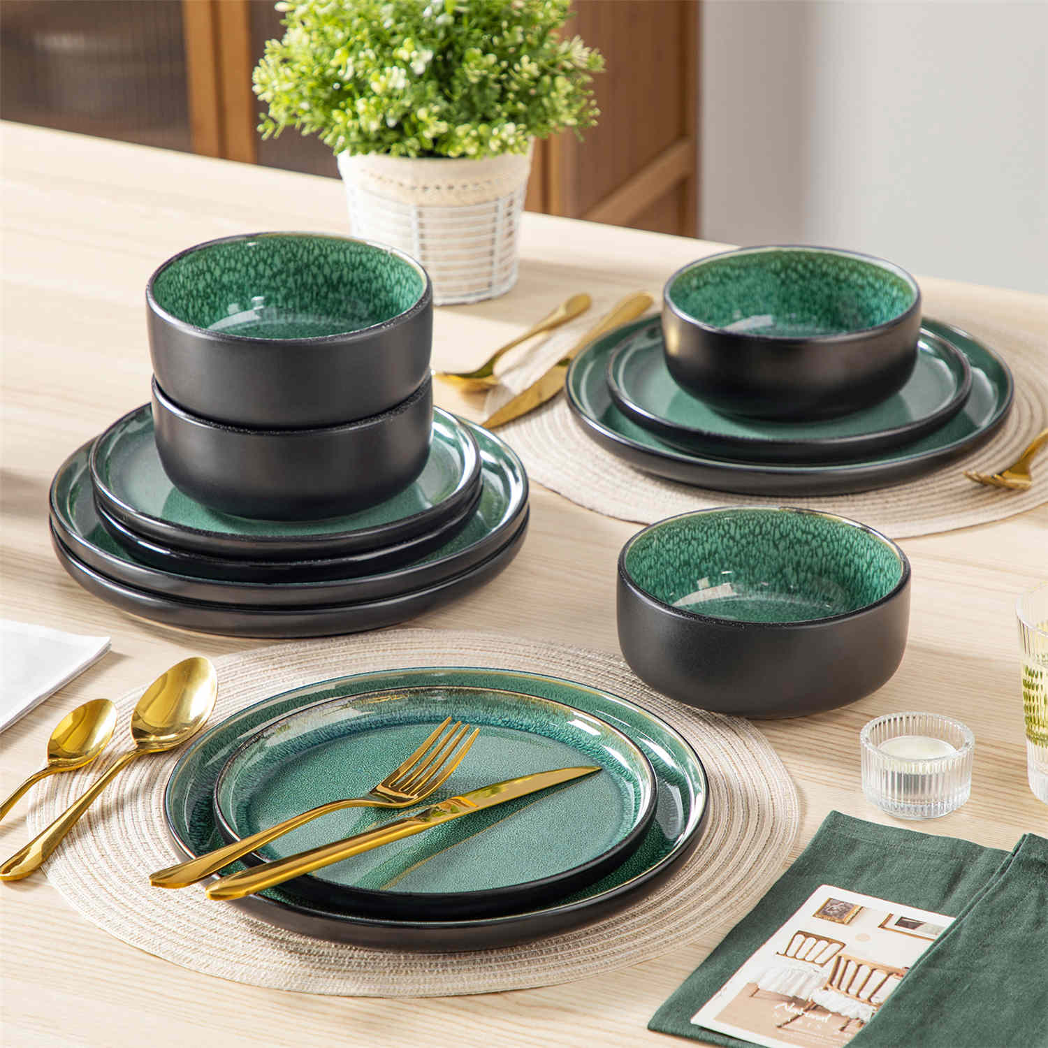 Playa 12-Piece Stoneware Dinnerware Set with plates and bowls for 4 - featuring a unique green reactive glaze and a farmhouse-inspired style-vancasso