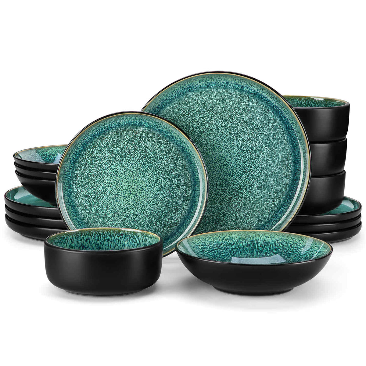 A glossy green 16-piece stoneware dinnerware set from the Playa collection - featuring farmhouse charm with plates and bowls for 4 people-vancasso