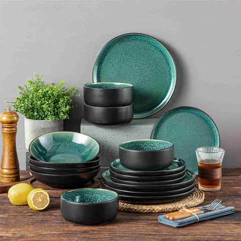 A glossy green 16-piece stoneware dinnerware set from the Playa collection - featuring farmhouse charm with plates and bowls for 4 people-vancasso