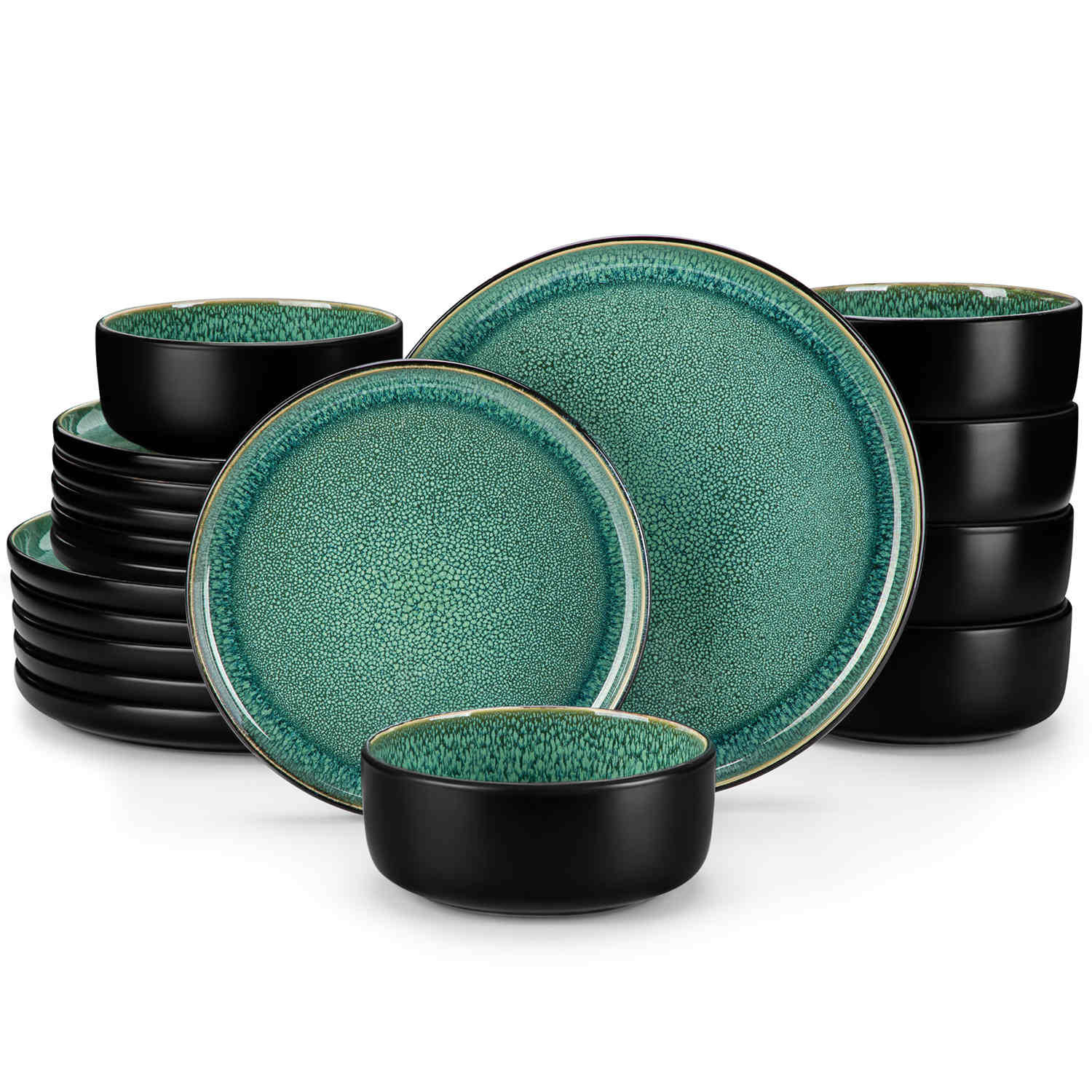 Playa 18-Piece Stoneware Dinnerware Set with plates and bowls for 6 - featuring a unique green reactive glaze and a farmhouse-inspired style-vancasso