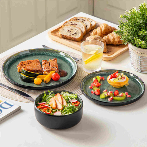 Playa 18-Piece Stoneware Dinnerware Set with plates and bowls for 6 - featuring a unique green reactive glaze and a farmhouse-inspired style-vancasso