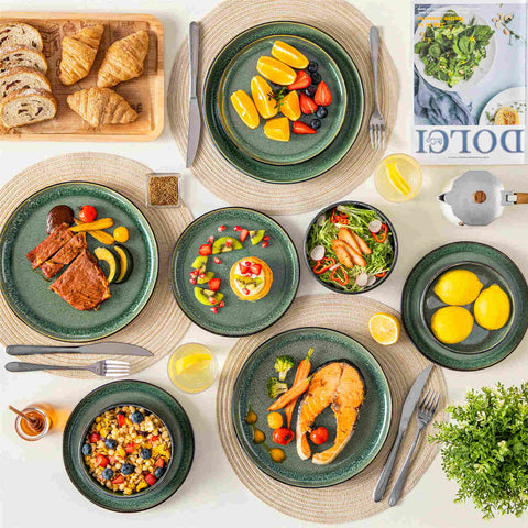 Playa 18-Piece Stoneware Dinnerware Set with plates and bowls for 6 - featuring a unique green reactive glaze and a farmhouse-inspired style-vancasso