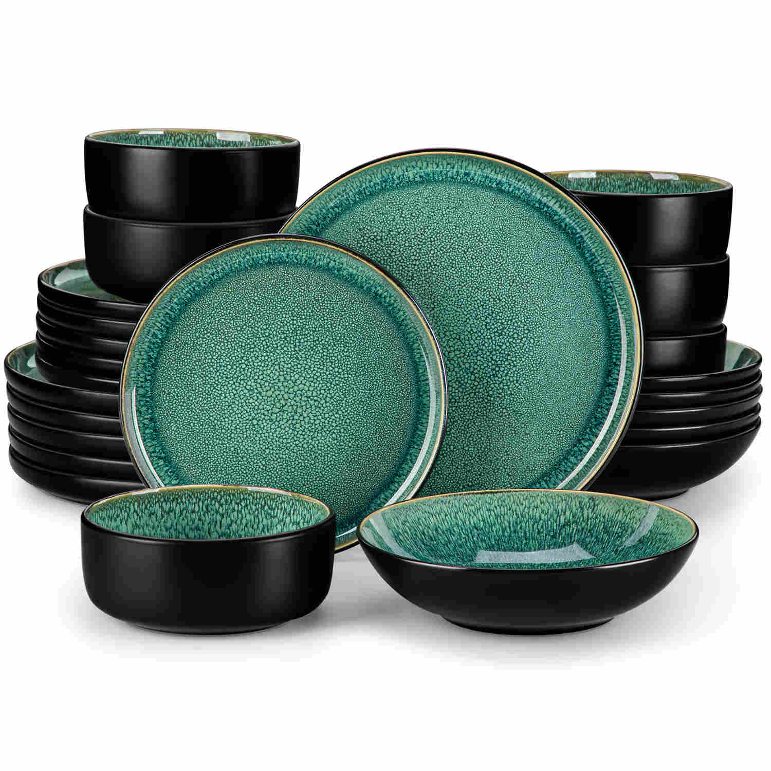 A glossy green 24-piece stoneware dinnerware set from the Playa collection - featuring farmhouse charm with plates and bowls for 6 people-vancasso