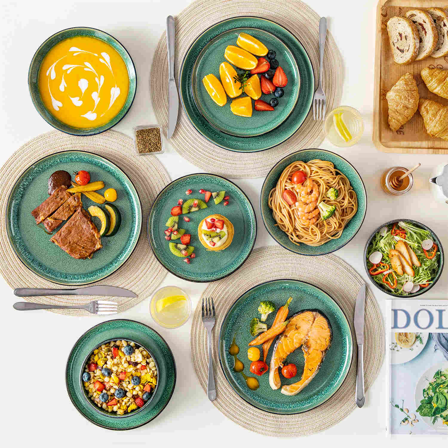 A glossy green 24-piece stoneware dinnerware set from the Playa collection - featuring farmhouse charm with plates and bowls for 6 people-vancasso