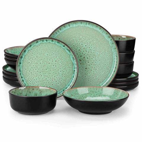 A glossy light green 16-piece stoneware dinnerware set from the Playa collection - featuring farmhouse charm with plates and bowls for 4 people-vancasso