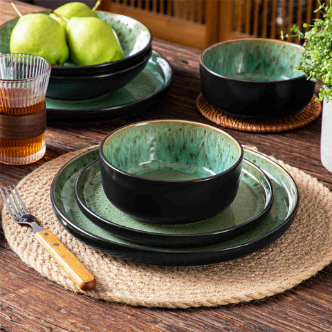 A glossy light green 16-piece stoneware dinnerware set from the Playa collection - featuring farmhouse charm with plates and bowls for 4 people-vancasso