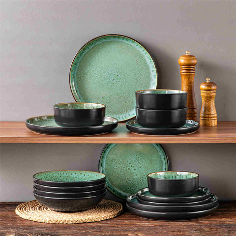 A glossy light green 16-piece stoneware dinnerware set from the Playa collection - featuring farmhouse charm with plates and bowls for 4 people-vancasso