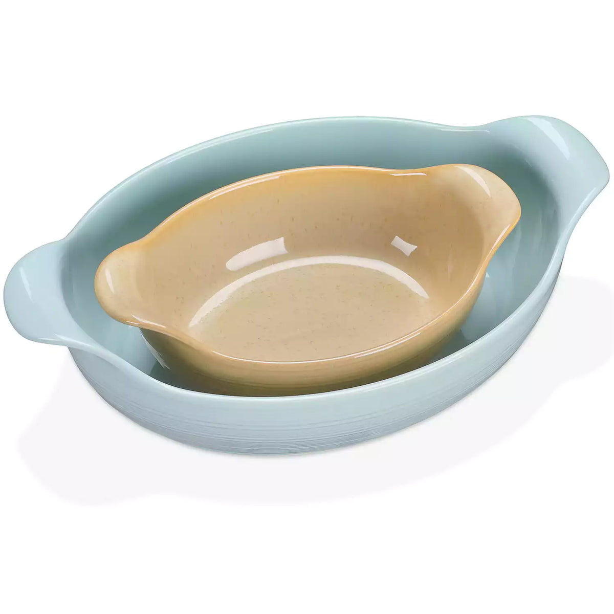 Presti Oval Baking Dishes Set of 2 in Lake Blue & Earthy Brown – versatile stoneware – perfect for roasting chicken with style-vancassso