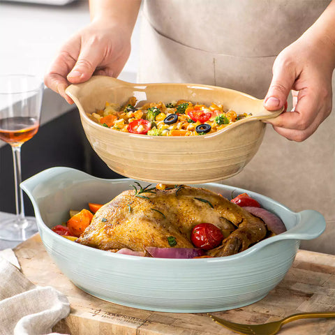 Presti Oval Baking Dishes Set of 2 in Lake Blue & Earthy Brown – versatile stoneware – perfect for roasting chicken with style-vancassso